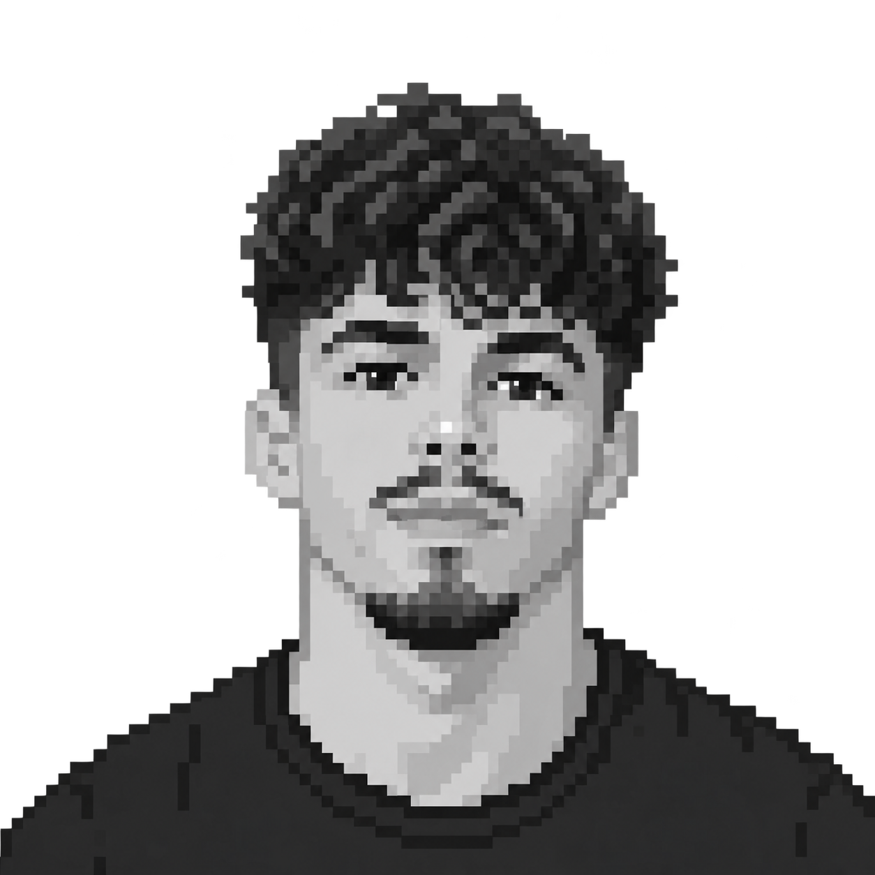 Portrait de William Degheselle en noir et blanc, style pixel art